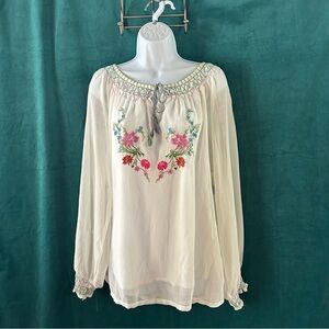 Women’s Notations Loose Fit Tunic Blouse Chiffon Ivory Embroidery Trim Size XL